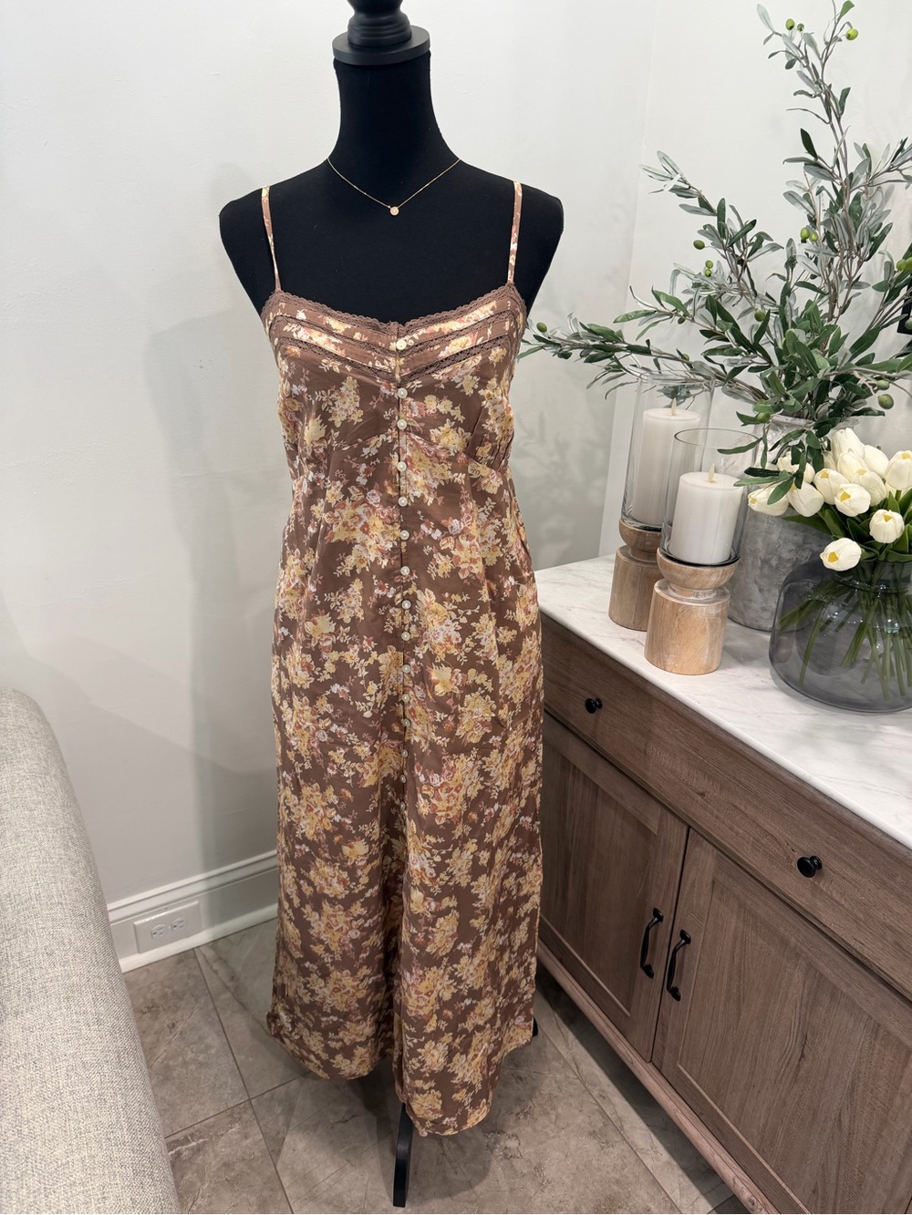 Lucky Brand Brown Floral Lace Trimmed Slip Midi Dress with Cream Print - Picture 3 of 16